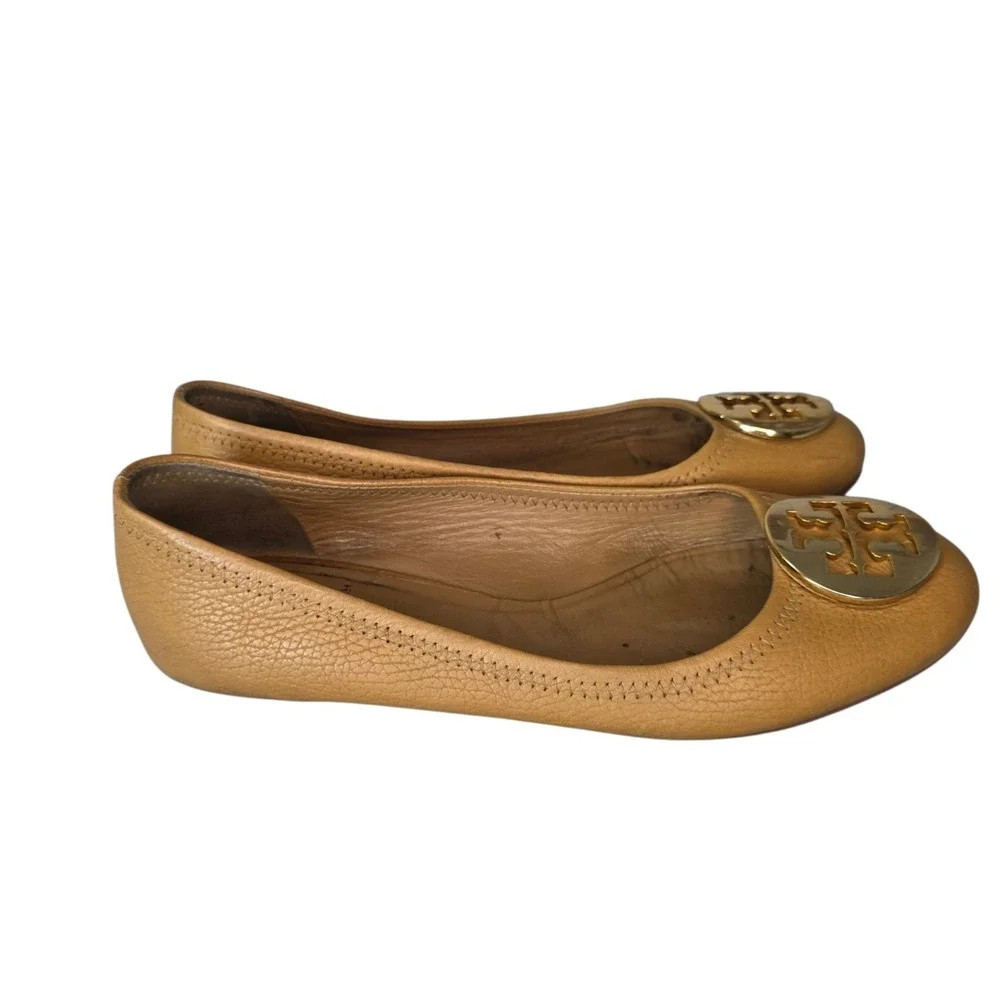 Tory Burch Reva Womens 7.5  Tan Pebbled Leather Gold Tone Logo Ballet Flats